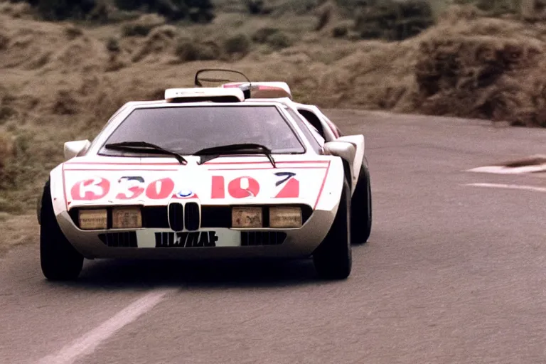 Image similar to ((BMW M1)) Lancia Stratos!!, movie still, speed, cinematic Eastman 5384 film