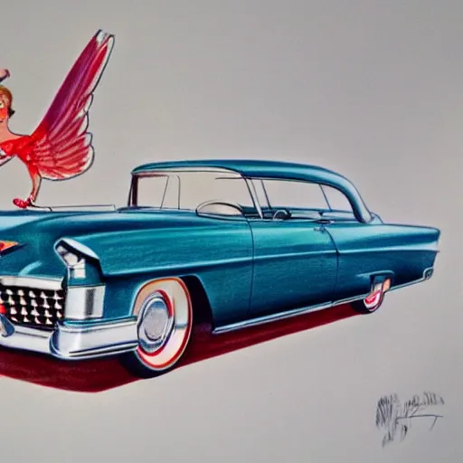 Prompt: a color pencil product design drawing of a 5 0 s flying cadillac car model with wings