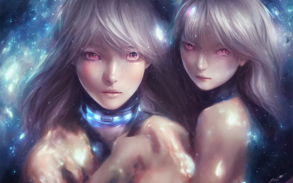 Prompt: A realistic anime portrait of a beautiful cosmic twins with glowing void eyes and cosmic skin wearing clothes made of galaxies, digital painting, by Stanley Artgerm Lau, Sakimichan, WLOP and Rossdraws, digtial painting, trending on ArtStation, SFW version