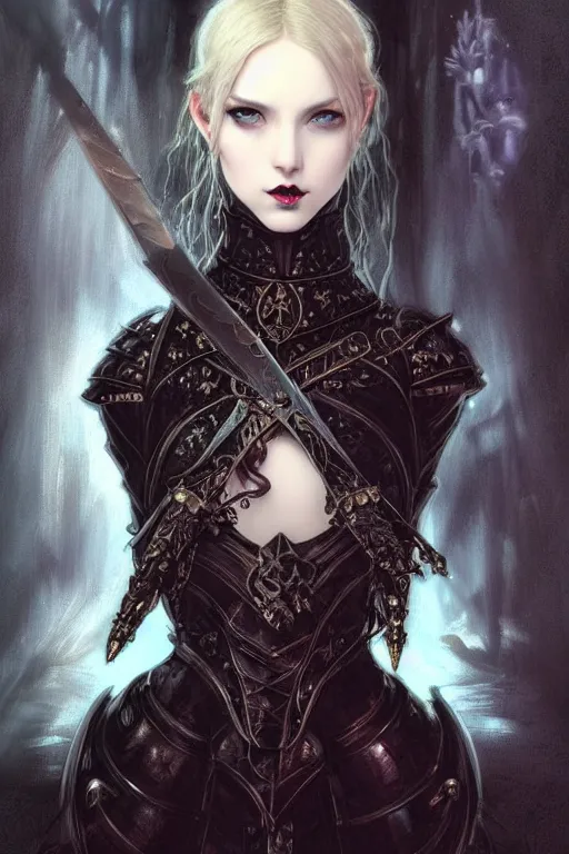 Image similar to beautiful luxury and gothic and victorian and evil young female medieval black armor knight portrait like lisa blackpink+smoky eyes+front face with light flowing hair, ultradetail face, art and illustration by tian zi and craig mullins and WLOP and alphonse mucha, ssci-fi, fantasy, intricate complexity, human structure, hypermaximalist, fantasy character concept, dynamic lighting, neon light, watermark, blurry, hyperrealism 8k