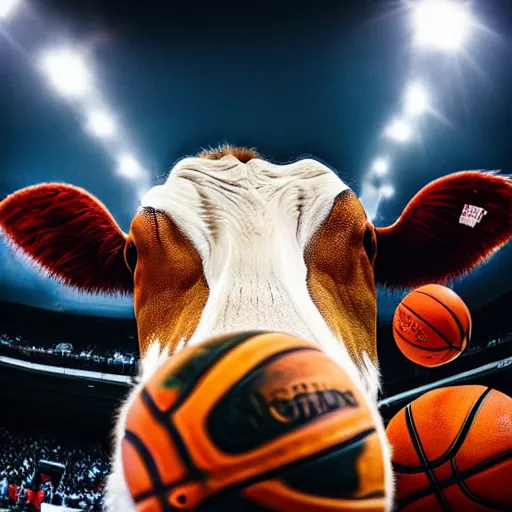 Image similar to a cow dribbling a basketball, cow, dribbling, basketball, award winning, photography, dramatic angle