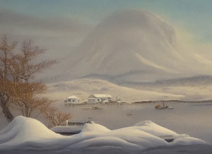 Prompt: hokkaido in winter, japan in the style of hudson river school of art, oil on canvas