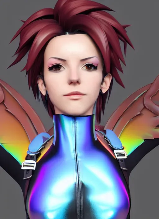 Prompt: portrait bust digital artwork of tracer overwatch, wearing iridescent rainbow latex and leather straps catsuit outfit, 4 k, expressive happy face, makeup, in style of mark arian, angel wings, wearing detailed leather collar, chains, black leather harness, detailed face and eyes,