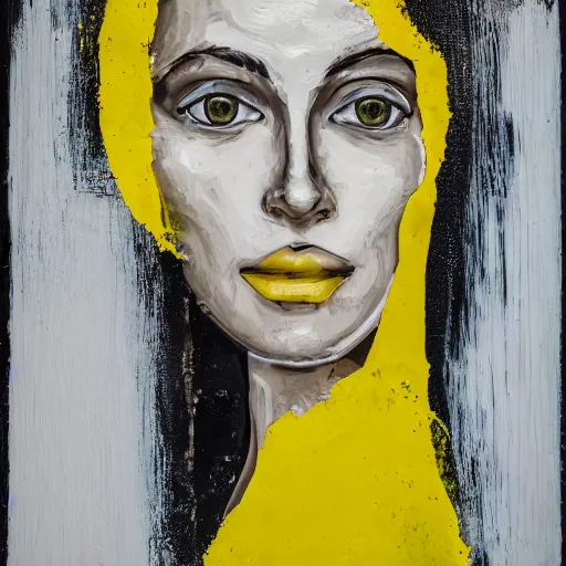 Prompt: a photo of white paint mixed with thick yellow paint on an artist's canvas in the shape of a beautiful woman's face, ultradetailed, photography, ultra hd 4 k, iso 2 0 0, insanely beautiful, realistic