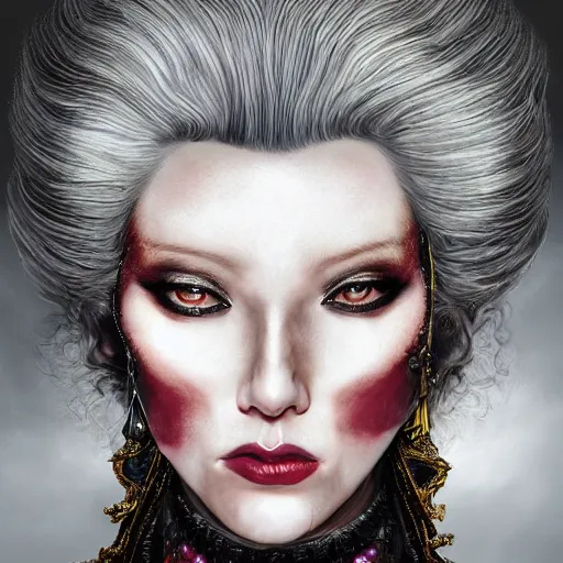 Image similar to portrait, headshot, insanely nice hair style, dramatic hair color, digital painting, of a old 17th century, old cyborg lawyer, Ruby's and Diamonds, black pearls, baroque, ornate clothing, scifi, realistic, hyperdetailed, chiaroscuro, concept art, art by Franz Hals and Jon Foster and Ayami Kojima and Amano and Karol Bak,