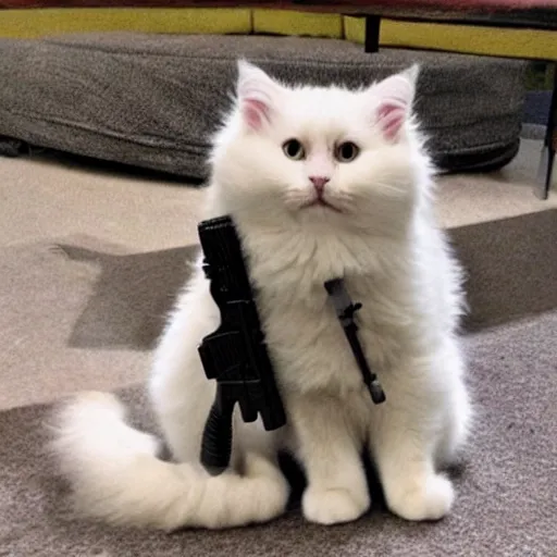 Prompt: cute fluffy cat with lots of guns