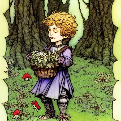 Prompt: A cute little frankestein collecting flowers in the forest. Absurdly-detailed fantasy character illustration by Rebecca Guay and Wayne Reynolds