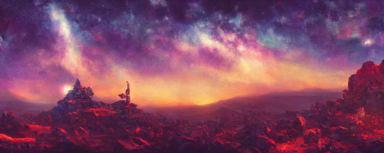 Image similar to top of the holy mountain at night with sky full of stars, [ cinematic, detailed, epic, widescreen, opening, establishing, mattepainting, photorealistic, 4 k, octane render, art by paul lehr ]