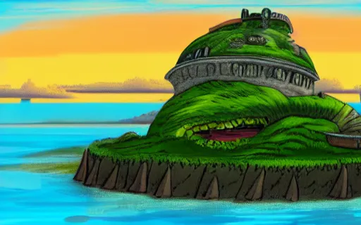 Prompt: an island with a giant castle on top held up by the shell of a giant turtle in the ocean, sunset, drawn by hayao miyazaki, hi res, 4k