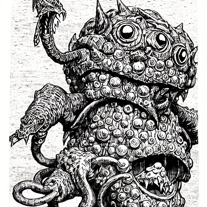 Prompt: a nintendo octorok as a d & d monster, pen - and - ink illustration, etching, by russ nicholson, david a trampier, larry elmore, 1 9 8 1, hq scan, intricate details, high contrast