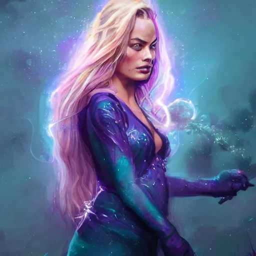 Image similar to a photo of Margot Robbie using her superpower of purple fire, ethereal fantasy, intricate, young and cute girl, beautiful, highly detailed, digital painting, artstation, dark fantasy art concept art, smooth, sharp focus, illustration