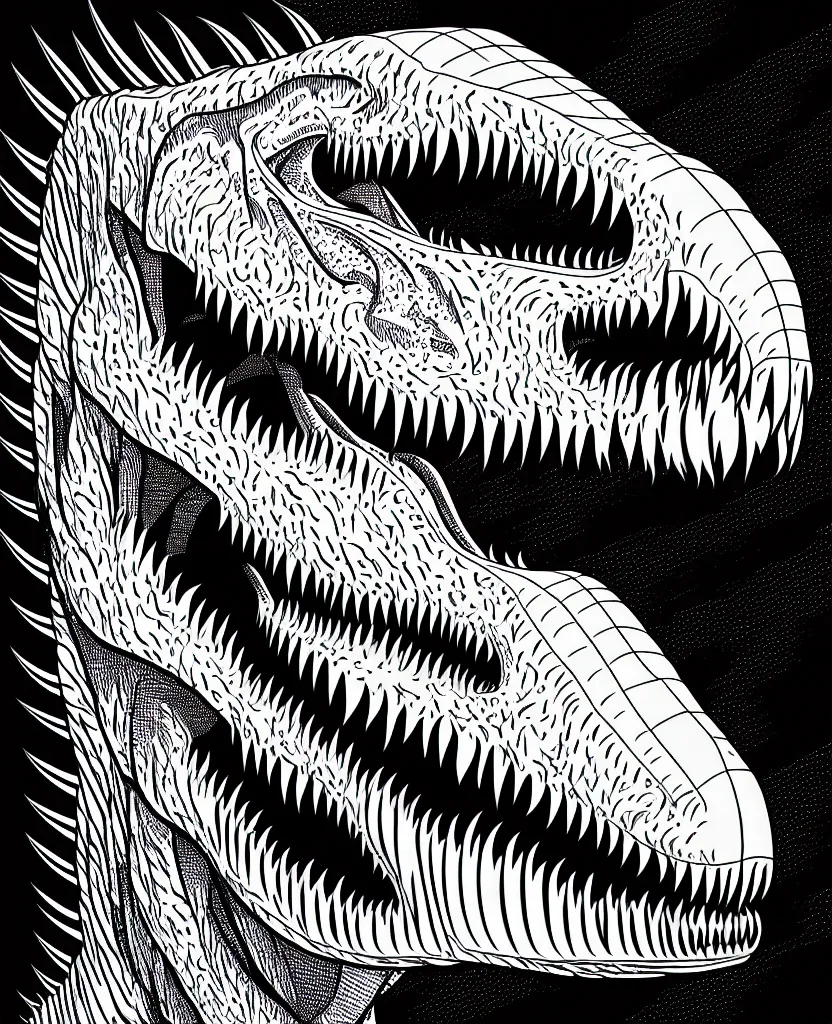 Prompt: tyrannosaurus rex walking around, symmetrical, accurate, simple clean black lines, black and white, white background and fill, coloring book, comic book, graphic art, line art, vector art, artstation