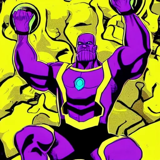 Prompt: thanos is a d. j. spinning records at an off the hook basement party, listening to d. j. jazzy jeff, red solo cups and people partying