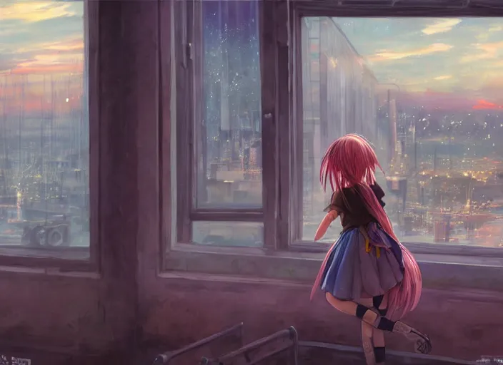 Prompt: anime girl in skirt looking out the window at megopolois and sunset, dynamic composition, motion, ultra-detailed, incredibly detailed, a lot of details, amazing fine details and brush strokes, colorful and grayish palette, smooth, HD semirealistic anime CG concept art digital painting, watercolor oil painting of Clean and detailed post-cyberpunk sci-fi close-up schoolgirl in asian city in style of cytus and deemo, blue flame, relaxing, calm and mysterious vibes,, by a Chinese artist at ArtStation, by Huang Guangjian, Fenghua Zhong, Ruan Jia, Xin Jin and Wei Chang. Realistic artwork of a Chinese videogame, gradients, gentle an harmonic grayish colors. set in half-life 2, Matrix, GITS, Blade Runner, Neotokyo Source, Syndicate(2012), dynamic composition, beautiful with eerie vibes, very inspirational, very stylish, with gradients, surrealistic, dystopia, postapocalyptic vibes, depth of field, mist, rich cinematic atmosphere, perfect digital art, mystical journey in strange world