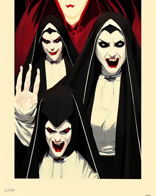 Image similar to one scary female vampire nun, evil grin, nun outfit, closeup, portrait size, cinematic, powerful, super detailed and intricate, by koson ohara, by darwyn cooke, by greg rutkowski, by satoshi kon