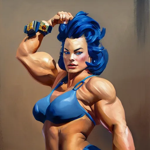 Prompt: greg manchess portrait of margot robbie as thick female bodybuilder zarya from overwatch in disco elysium, 9 6 9, epic grimdark, fantasy, medium shot, asymmetrical, profile picture, organic painting, sunny day, matte painting, bold shapes, hard edges, street art, trending on artstation, by huang guangjian and gil elvgren and sachin teng