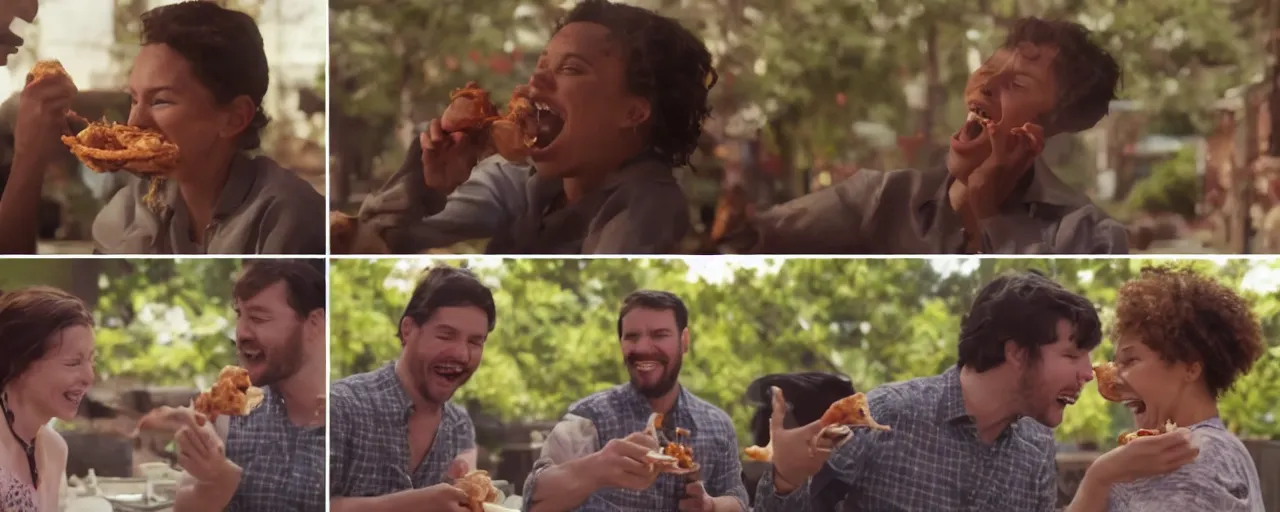 Prompt: a cinematic shot in daylight exterior wide shot of a couple of friends happy and smiling while eating church's chicken in dynamic poses, commercial ad, directed by autumn durald, complementary color scheme clothe, roger deakins lighting, shot in imax 7 0 mm, three point perspective 4 0 mm anamorphic lens