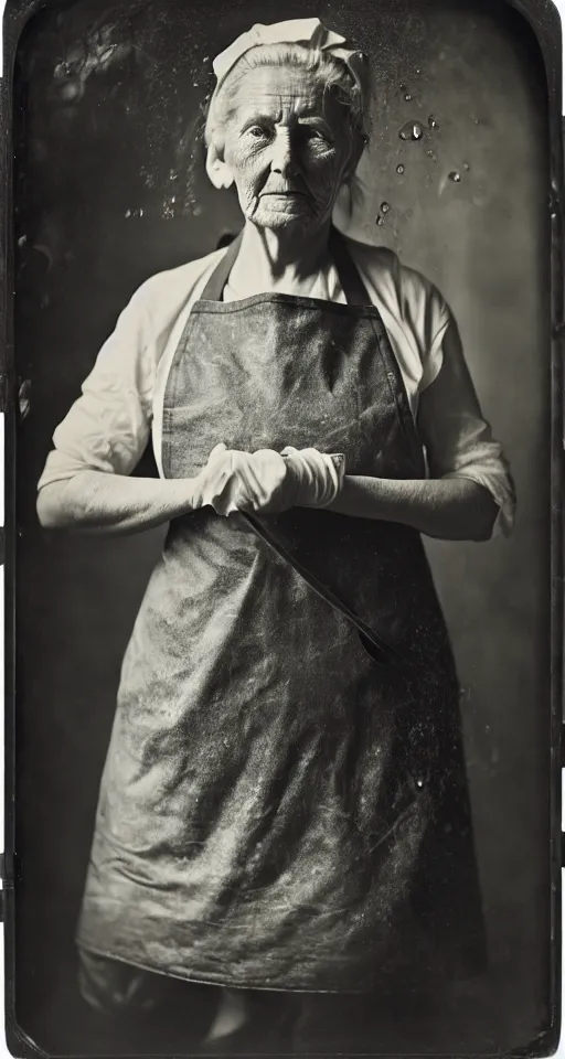 Image similar to a wet plate photograph, a portrait of an older washer woman in an apron