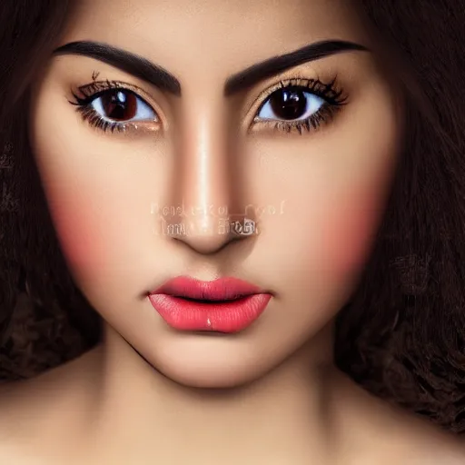 Prompt: portrait of a persian young lady with curly black hair, round face, medium size lips, big brown eyes, photo, hyperrealistic, focused, detailed