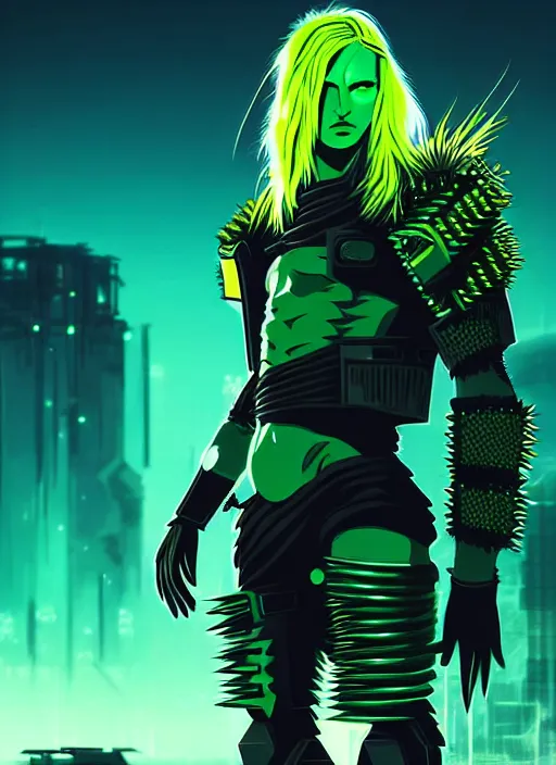 Image similar to a striking cinematic full body portrait of a male warrior with long blonde hair and blue eyes wearing evil green spiked cyberpunk armour and standing in the desolate burning ruins of a futuristic city by hirohiko araki and beeple, fine details, digital art, character concept art, volumetric lighting, cinematic light