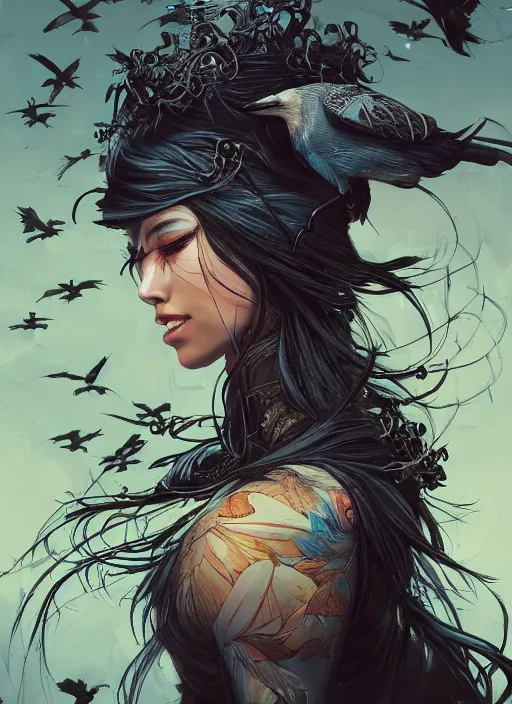 Image similar to beauty woman with a crows nest on her head, cruelty, black crows, light effect, hyper detailed, intricate, elegant, highly detailed, digital painting, rule 3 4, artstation, concept art, matte, sharp focus, illustration, by dan mumford, yusuke murata, makoto shinkai, ross tran