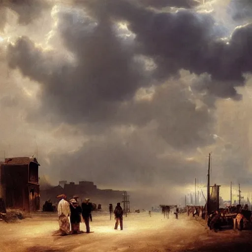 Image similar to oil painting of american old west town, harbour, dramatic storm clouds, dusty street, sunrays, dramatic, very very very beautiful art, cinematic lighting, romanticism by goya