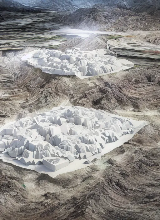 Image similar to bioremediation white architecture, in the mining tailings of chuquicamata, epic, cinematic, hyperealistic, high detailed, corona render, hdr, ray tracing