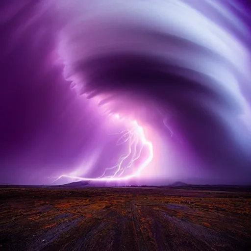 Image similar to amazing photo of a purple tornado in the sky by marc adamus, beautiful dramatic lighting