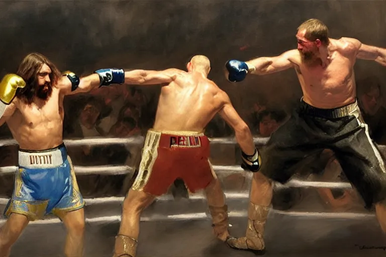 Image similar to jesus christ vs vladimir putinboxing, fighters, fist fight, detailed faces, putin face, in battle by anders zorn, wonderful, masterpiece by greg rutkowski, beautiful cinematic light, by greg manchess, jessica rossier