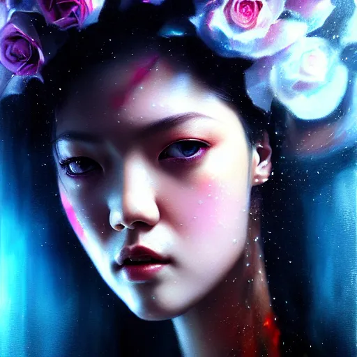 Image similar to rose of blackpink, hyperrealistic portrait, bladerunner street, by karol bak and agnes cecile, fantasy art, photo realistic, dynamic lighting, artstation, poster, volumetric lighting, very detailed face, intricate complexity, 8 k, award winning