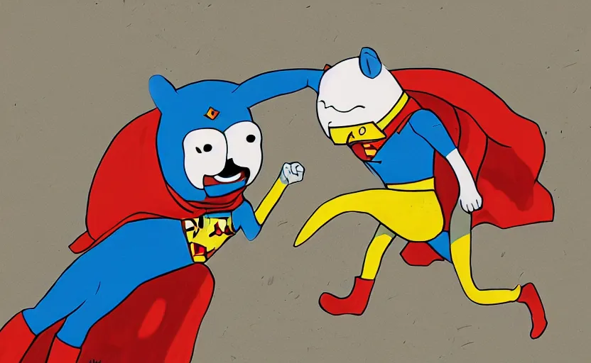 Image similar to painting of Jake the dog from adventure time fighting superman , adventure time versus DC, hand to hand combat, concept art, high detail, 4k