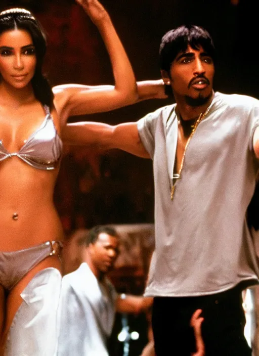 Image similar to film still of Tupac as tony montana dancing with kim kardashian in scarface, 4k