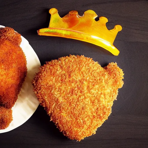 Prompt: breaded chicken with a crown of a king in top of it, hyper realistic, 4k