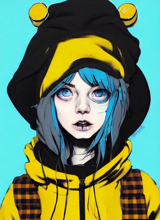 Image similar to highly detailed portrait of a sewer punk lady student, blue eyes, tartan hoody, hat, white hair by atey ghailan, by greg tocchini, by kaethe butcher, by alex horley, gradient yellow, black, brown and cyan color scheme, grunge aesthetic!!! ( ( graffiti tag wall flat colour background ) )