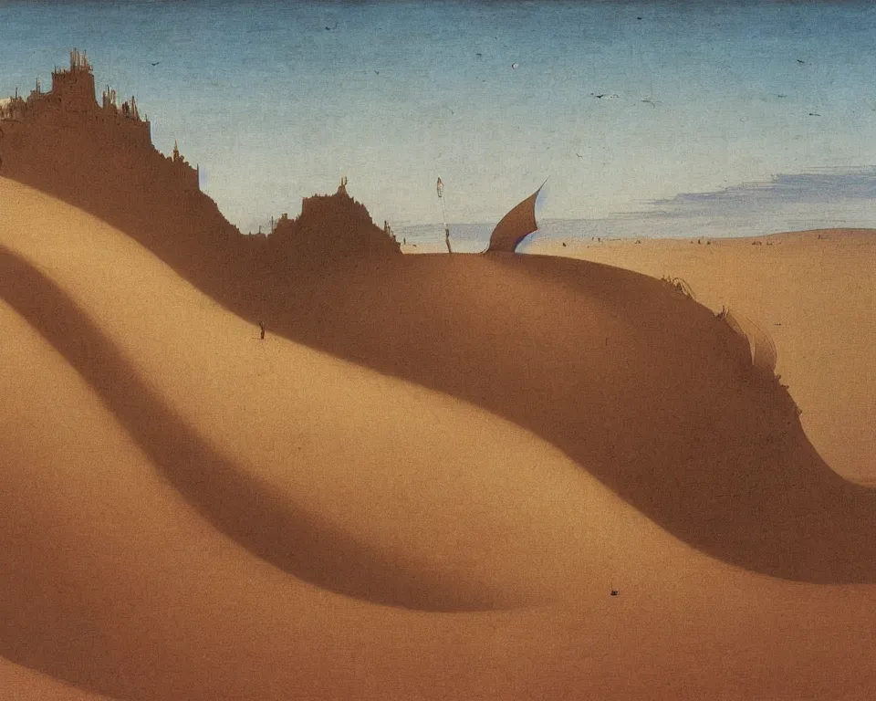 Prompt: a massive pirate ship cresting a massive dune in the Sahara desert, heading towards an oasis. intricate, vibrant, blowing sands, Raphael, Hasui Kwase, Rene Margritte, John Martin.