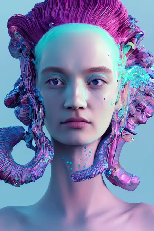 Prompt: epic 3 d abstract model, liquid headdress, 2 0 mm, with cerulean and pastel pink peanut butter, melting smoothly into asymmetrical bubbles, liquid gems, delicate, beautiful, intricate, houdini sidefx, trending on artstation, by jeremy mann and ilya kuvshinov, jamie hewlett and ayami kojima