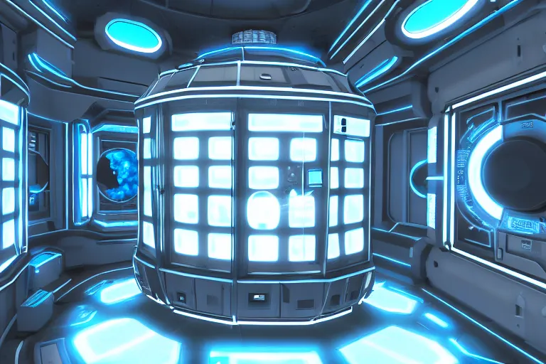 Image similar to futuristic tardis interior stylized like portal 2