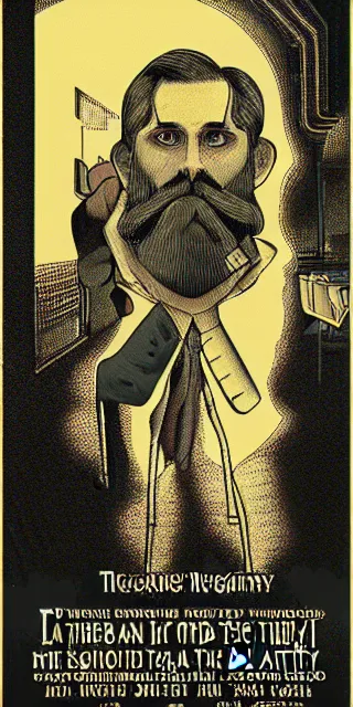 Image similar to very detailed unsettling and dramatic vintage poster of a short bearded hypnotist, with the theme of the nature of reality and the metaverse, very artistic, artstation