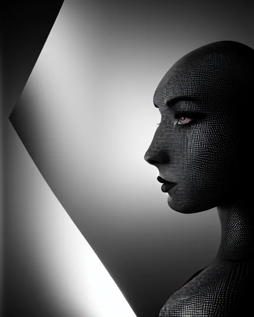 Image similar to black and white high quality photo of a female AI-queen-dragon-meshes-cyborg looking into a sci-fi mirror, volumetric lighting, brutalism, foggy, dreamy, hyperdetailed, bokeh, photorealistic, cinematic, masterpiece, elegant, dark, by Man Ray in the style of Horst P. Horst, octane render, 8K,