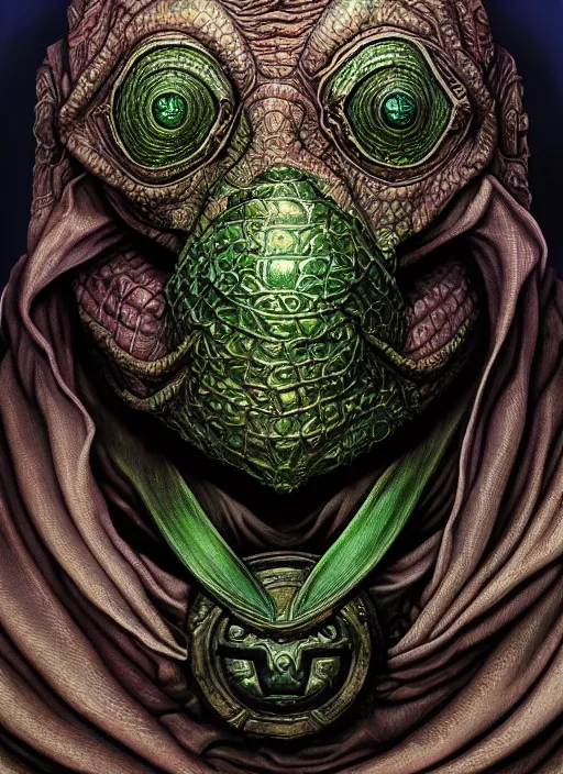 Image similar to duncan trussell mf doom reptile eyes, green skin. intricate, elegant, highly detailed, centered, digital painting, artstation, concept art, smooth, sharp focus, illustration, artgerm, tomasz alen kopera, peter mohrbacher, donato giancola, joseph christian leyendecker, wlop, frank frazetta