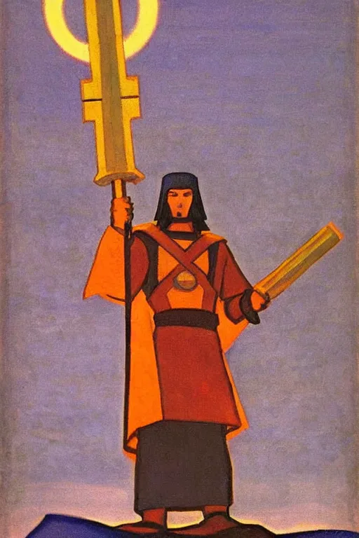 Image similar to thor with mjollnir, marvel, artwork by nicholas roerich,