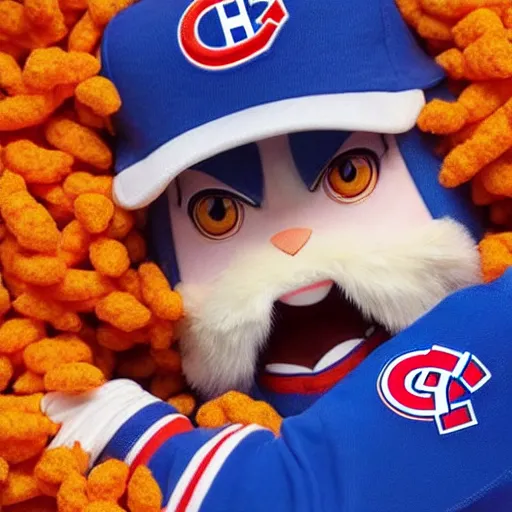 Image similar to anime Portrait of Youppi the Habs Montreal Canadiens Mascot as a very cute powerful and friendly pokemon in a Cheetos Ad, highly detailed anime, high evolution, 1990s, legendary, smooth, sharp focus, dynamic lighting, intricate, trending on ArtStation, cheetos pub, illustration pokemon, art by WLOP