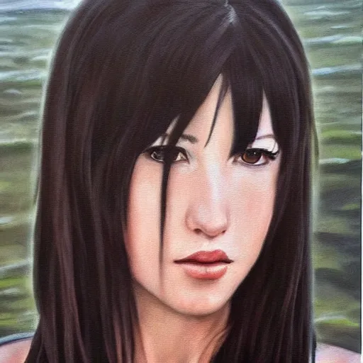 Prompt: a photorealistic painting of Tifa Lockhart it captures every detail of the artist’s female subject, such as the soft skin, flowing hair, and textured cottagecore clothing. Yasumoto Oka