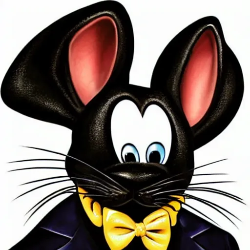Image similar to A extremely highly detailed majestic hi-res beautiful, highly detailed head and shoulders portrait of a scary terrifying, horrifying, creepy black cartoon rabbit with a bowtie and scary big eyes, earing a shirt laughing, hey buddy, let's be friends, in the style of Walt Disney