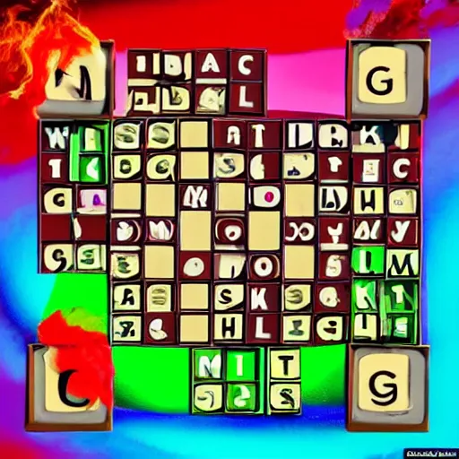 Prompt: Scrabble but we're in hell bright colors dreamy volumetric fog underground cavern full of fire