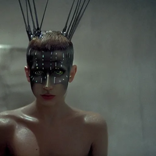 Prompt: cinematic portrait of a runaway replicant with tribal facepaint in an empty room, still from the movie bladerunner