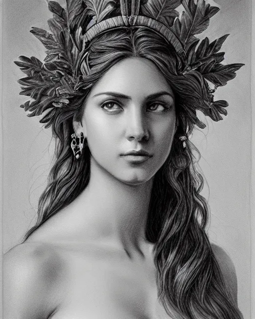 Prompt: pencil drawing of a beautiful greek goddess aphrodite wearing a laurel wreath and arrowhead earrings, beautiful confident and piercing eyes, beautiful flowing hair, hyper realistic face, in the style of greg rutkowski, fantasy, amazing detail, epic, elegant, smooth, sharp focus, from the front