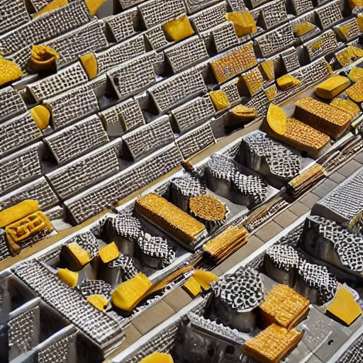 Prompt: a city where all the buildings are cheese graters, photograph, aerial view, panoramic