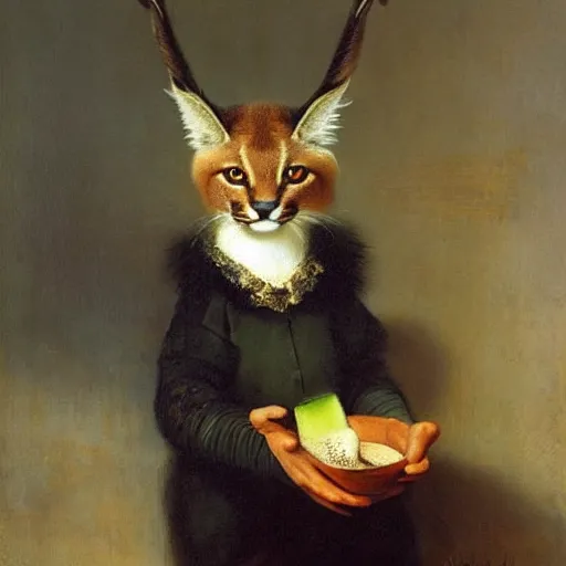Prompt: cute caracal holding glass of milk and salted cucumber. by rembrandt 1 6 6 7, illustration, by konstantin razumov