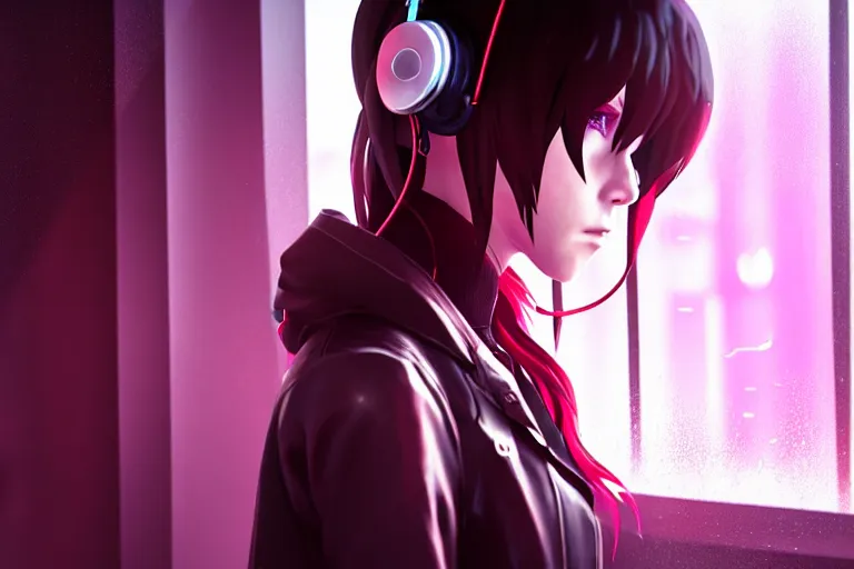 Image similar to a girl with headphones is looking at a rainy window in the style of a code vein character creation, cyberpunk art by Yuumei, cg society contest winner, rayonism light effects and bokeh, daz3d, vaporwave, deviantart hd , the secret world